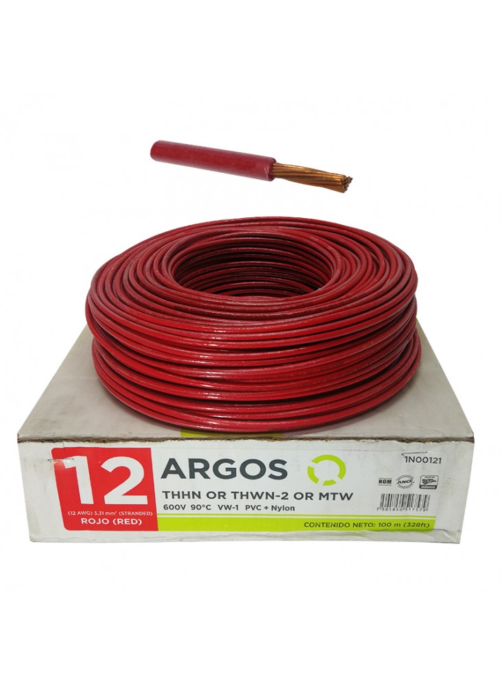 Cable N12 AWG THHN THWN Rollo X 100m Rojo Argos