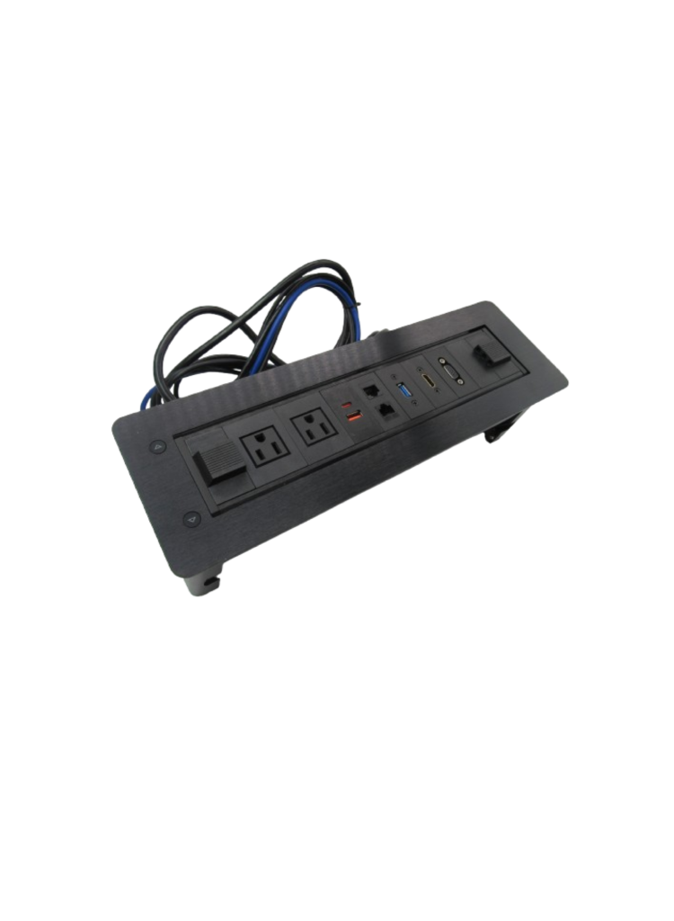 M/toma 7 Servicios 1875w Incrustar Giratorio Mesa Juntas. 2 Tomas 120v/usba + Usb En C / Telef + V Y D /usb /hdmi/vga . Emisor Fotoelect. Detector Fotoelect Y Boton De Oper. Miletto Negro Rect 37×12 CMTS Mt Mtes2/usb/cn